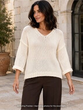 ANGELA MARA M Cream Italian Wool Blend Open Knit V-Neck Sweater